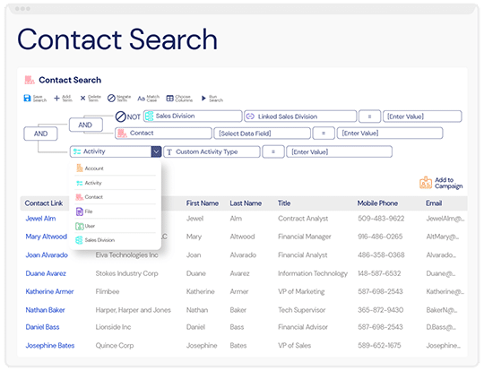 A screenshot of the advanced search features and filters within Veloxity, a new CRM for consulting firms.