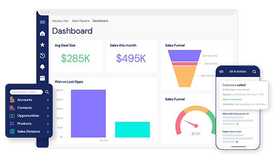 A screenshot of the customizable crm software Veloxity - available at a fraction of the cost of its competitors.