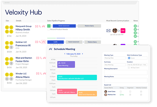A screenshot of the Veloxity software, a new sales CRM platform which enables your sales team to be more effective.