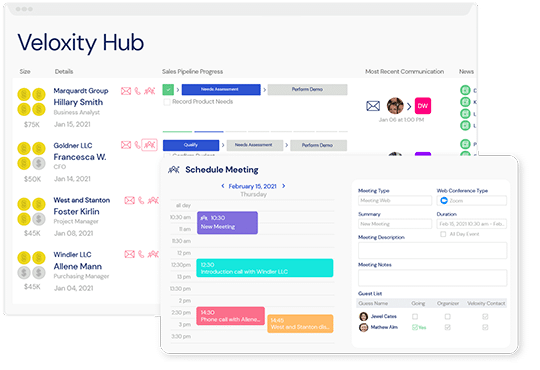 A screenshot of the hub, and various features within Veloxity, a leading new CRM for consulting firms.