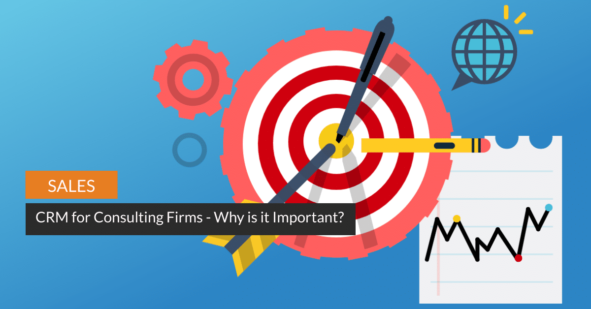 CRM for Consulting Firms cover graphic showing pencils hitting a target like a bullseye. Gears, talk bubbles, and graphs are collaged onto the image.