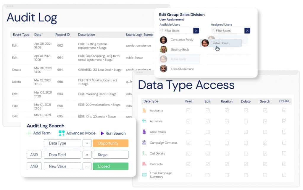 A screenshot of the Veloxity CRM for life sciences platform with an audit log function amongst other features.